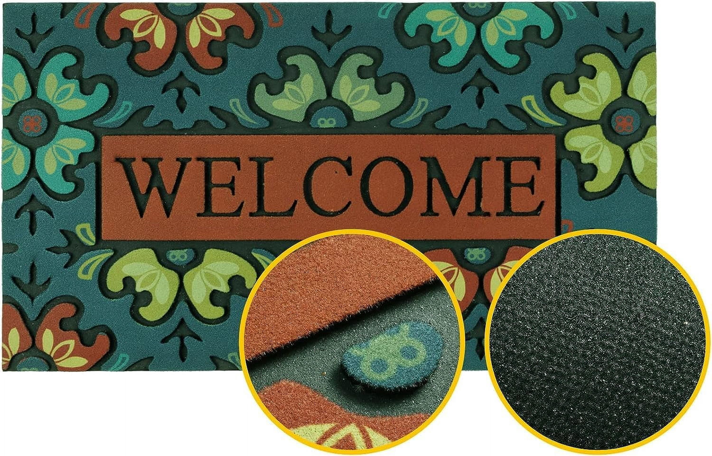 Door Mat Welcome Mat 18x 30 Inch Front Door Mat Outdoors for Home Entrance Outside Entry Way Doormat, Heavy Duty Non Slip Rubber Back Low Profile, Flower Welcome