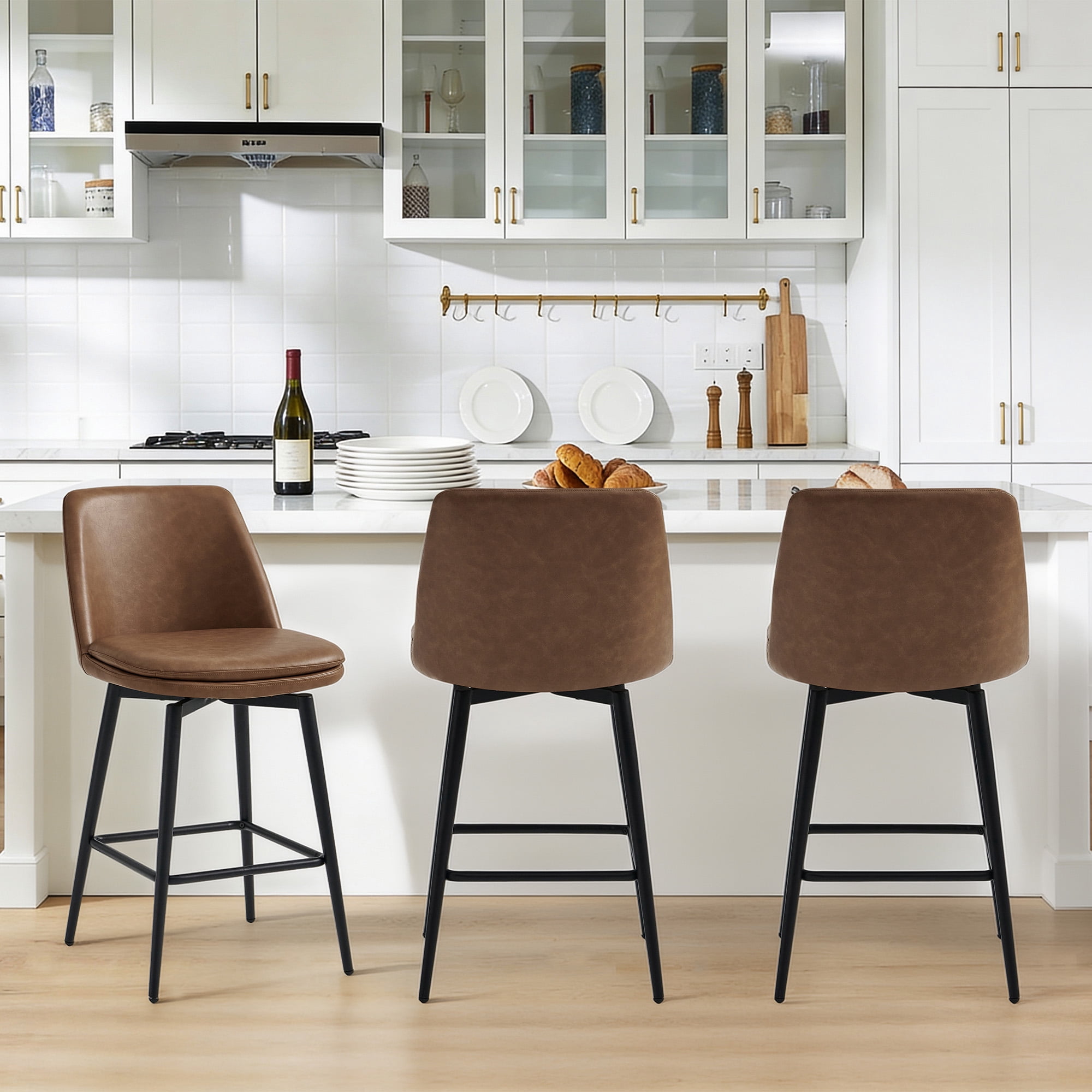 Spruce & Spring Counter Height Swivel Barstool with Curved Back and Metal Legs Set of 2, Brown Faux Leather