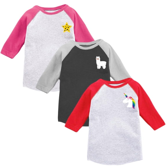 Toddler Girls Raglan Baseball Shirt Raglan Shirt Kids Girls Baseball Tee 2T Clothes 3T Outfits 4T T shirts 5T Shirts Star Llama Unicorn - Pack of 3