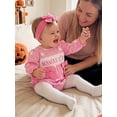 thumbnail image 5 of RUINIXCW Newborn Baby Girls Halloween Outfit Gingham Plaid Bubble Romper Long Sleeve Ghost Witch Hat Pumpkin Print Smocked Bodysuit Playsuit with Headband, 5 of 9