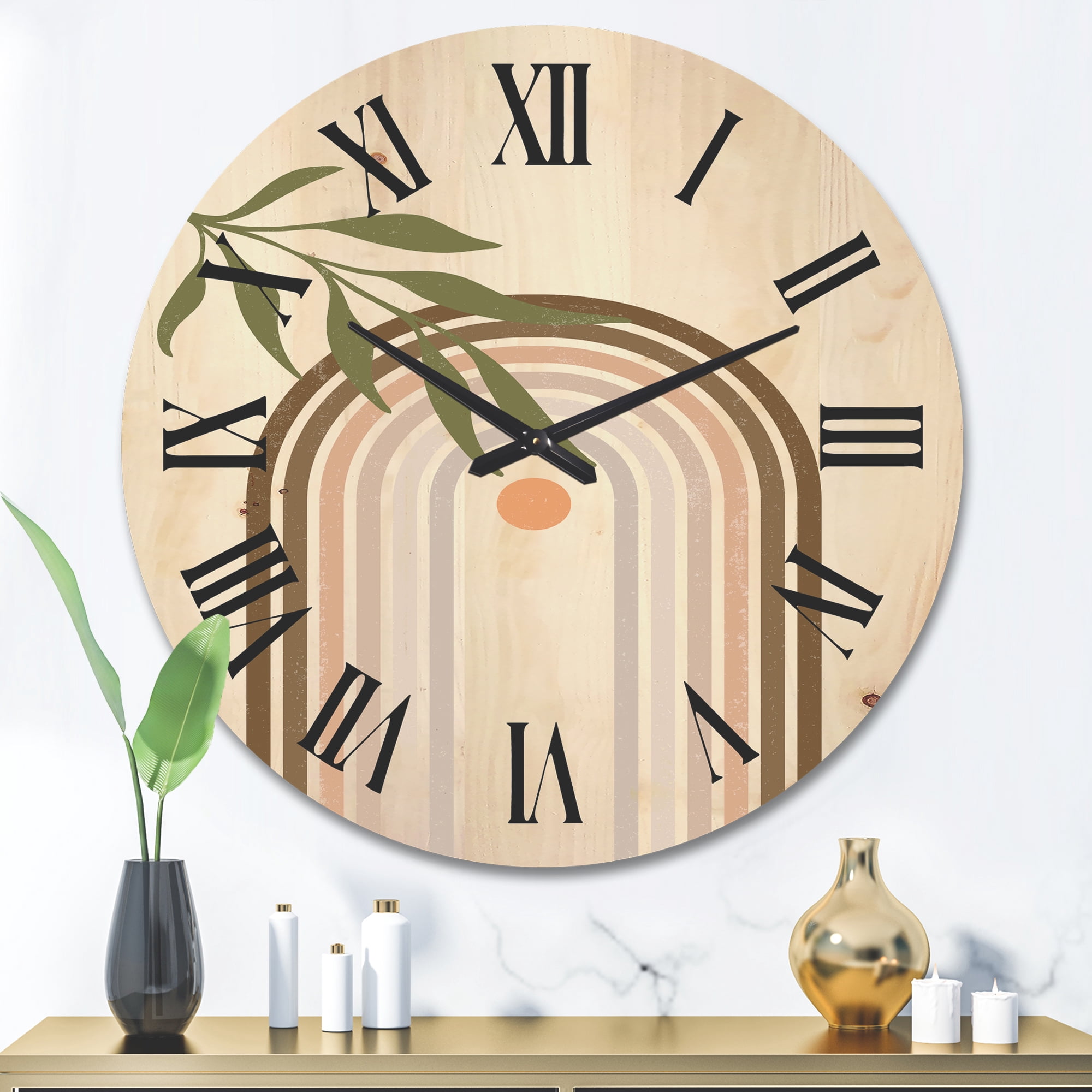 Designart 'Abstract Moon and Sun With Green Leaf I' Modern Wood Wall Clock