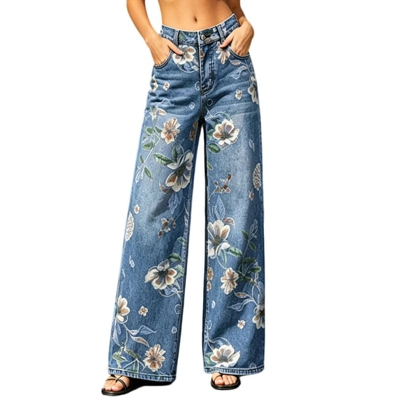 Women's High Waist Floral Print Jeans Wide Leg Casual Loose Straight Denim Pants Y2K Vintage Flower Trousers Denim Palazzo Pants with Pockets
