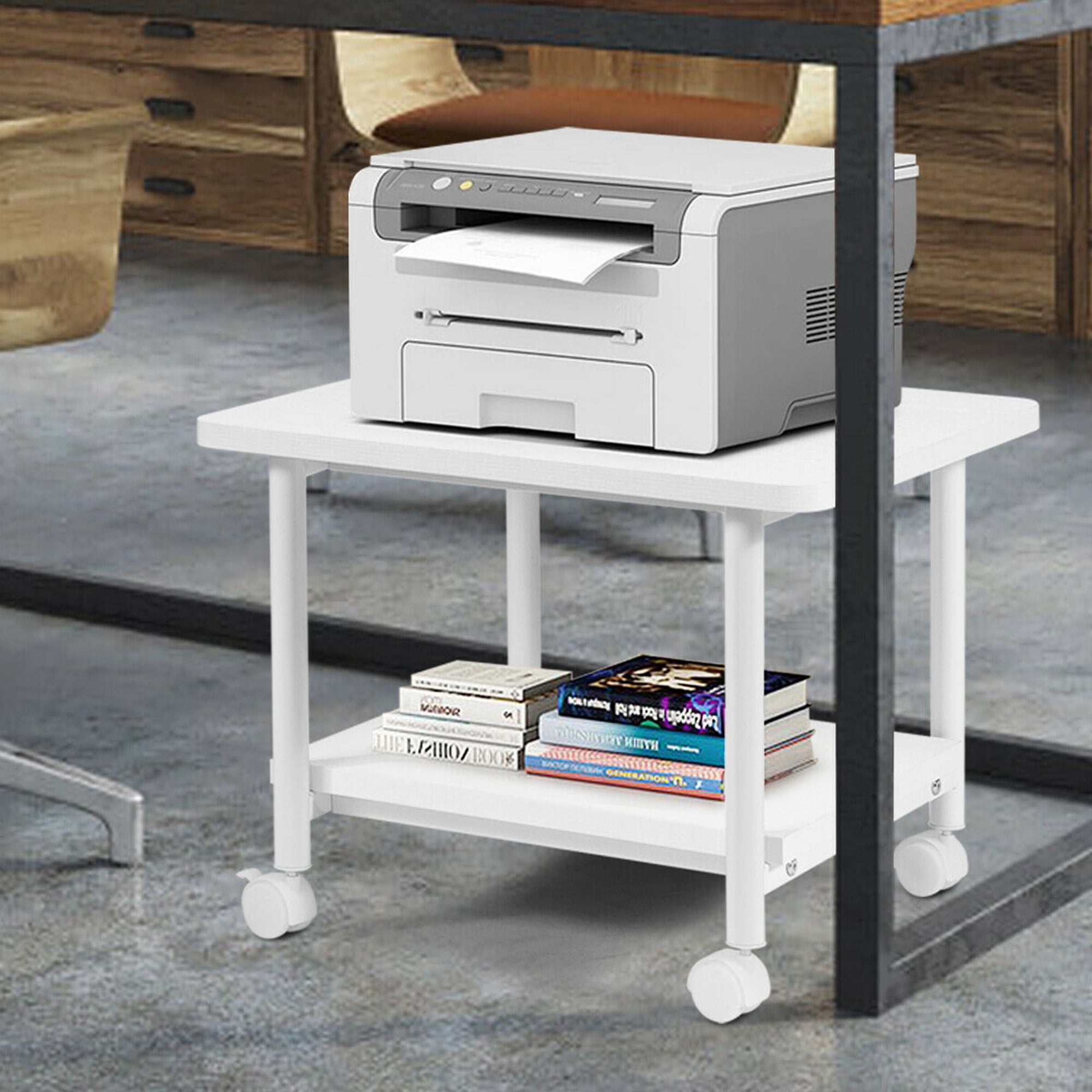 Gymax 2-Tier Machine Stand Storage Rack Rolling Under Desk Printer Cart White