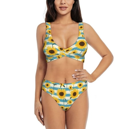 Zeuib White Blue Striped Sunflower High Waisted Tummy Control Bikini Set - Knot Front Push Up Top & Cheeky Thong Bottom  Two-Piece Swimsuit for Women-Small
