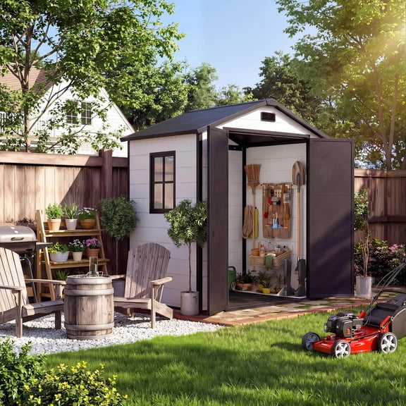 6x4 Ft Resin Outdoor Storage Shed with Floor Lockable Door and Window for Garden Tools - Gray/Black