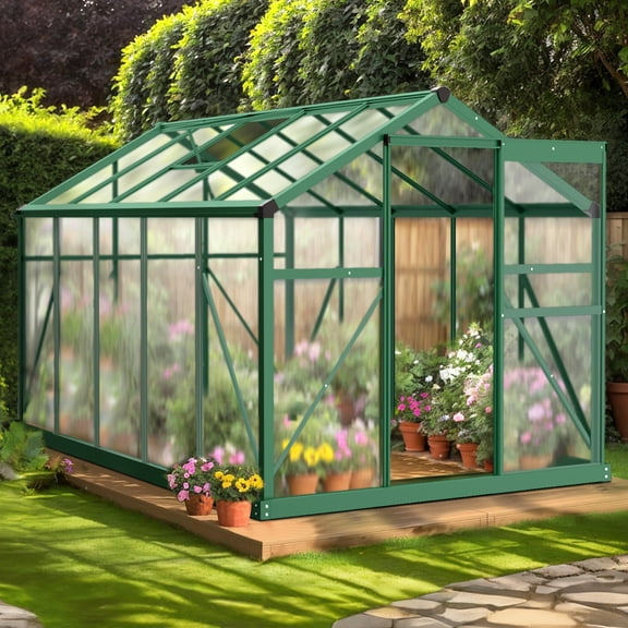 Seizeen 6x10FT Outdoor Greenhouse, Walk-in Green House Polycarbonate, Aluminium Frame Plant House for Gardening, with Adjustable Vent, 8 Supports, 62’’H Sliding Door, Green