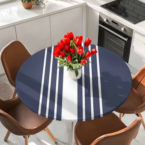 Blue Stripes Elastic Fitted Round Tablecloth Nautical Navy Waterproof Outdoor Table Cover for Holiday Party, Picnic, Patio & Dining Fits Tables Up to 36"-44"