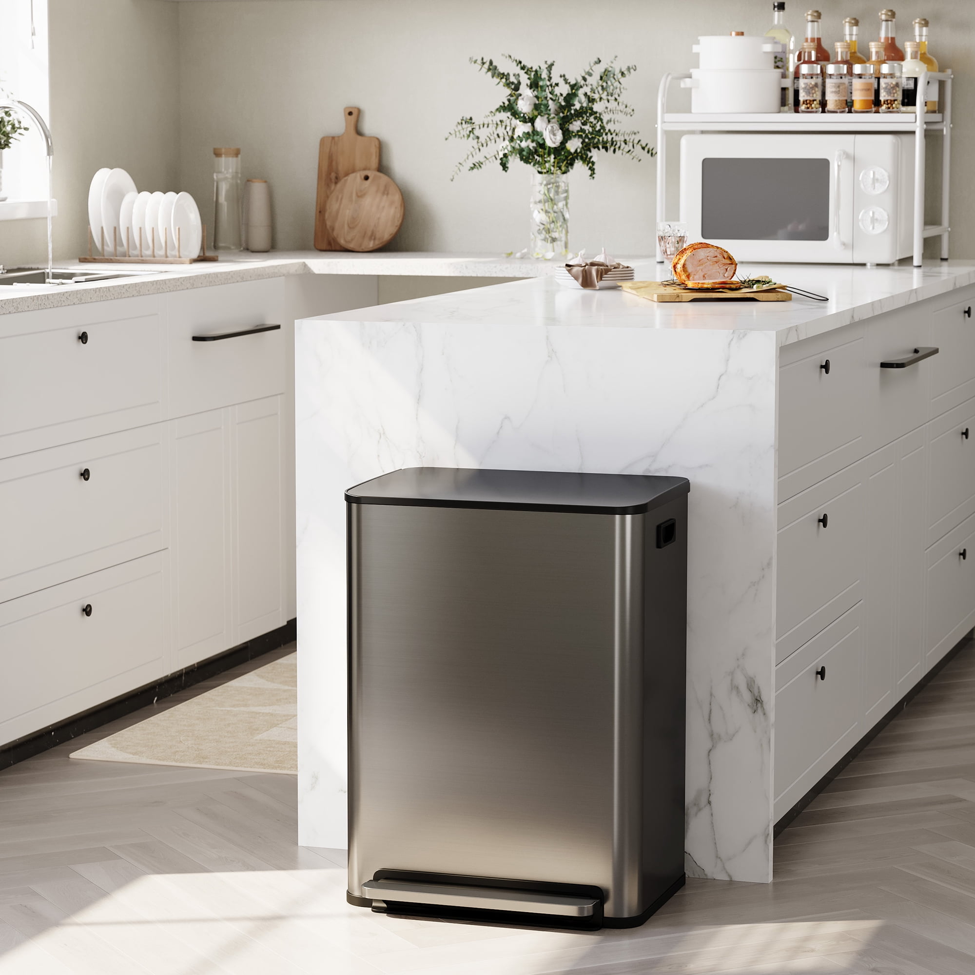 JoanKaren 16 Gal Stainless Steel Dual Trash Can with Recycling Bin,Pedal Step-on Compartment Garbage Bin,Black