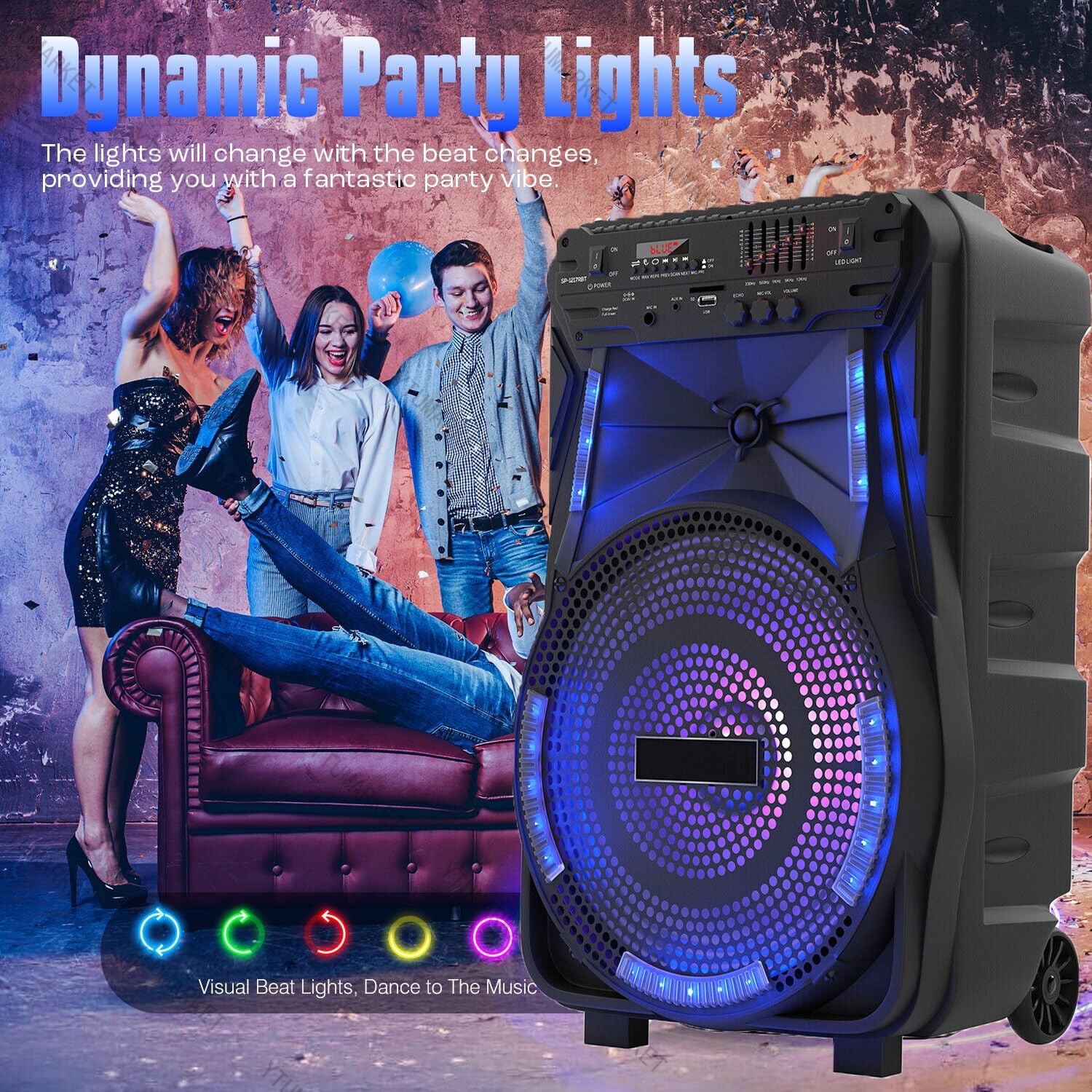 12'' Woofer Heavy Bass Bluetooth Speaker Portable Party PA Sound System Mic LED FM AUX Handle Wheels