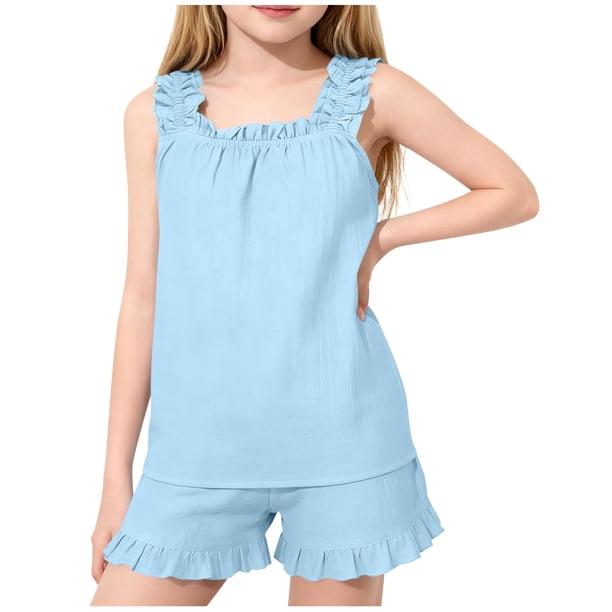 Camisola de Cuello Redondo sin Mangas Casual Y Pantalones Cortos de Estilo de Chicas con Correas Y Doblados Acanalados, Tela Suave Transpirable, Traje de Dos Piezas de Color Sólido