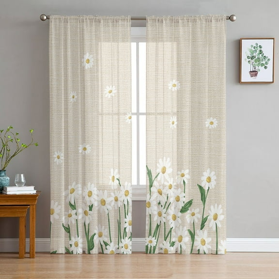 Spring Floral Daisy Semi Sheer Curtains 63 Inch Length 2 Panels Set, Flower Burlap Texture Sheer Kitchen Curtain Privacy Voile Window Curtain for Living Room Bedroom Rod Pocket Drapes