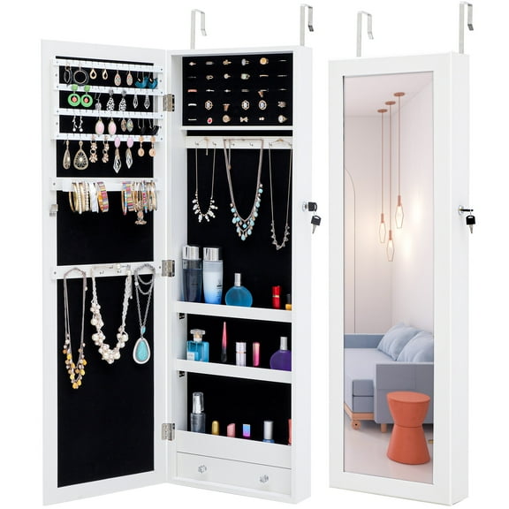 Jewelry Cabinet with Full-length Mirror, SYNGAR Wall/Door Mounted Mirror Jewelry Armoire Storage Organizer, Lockable Storage Unit with 3 Cosmetic Trays and Drawer, White, D8768