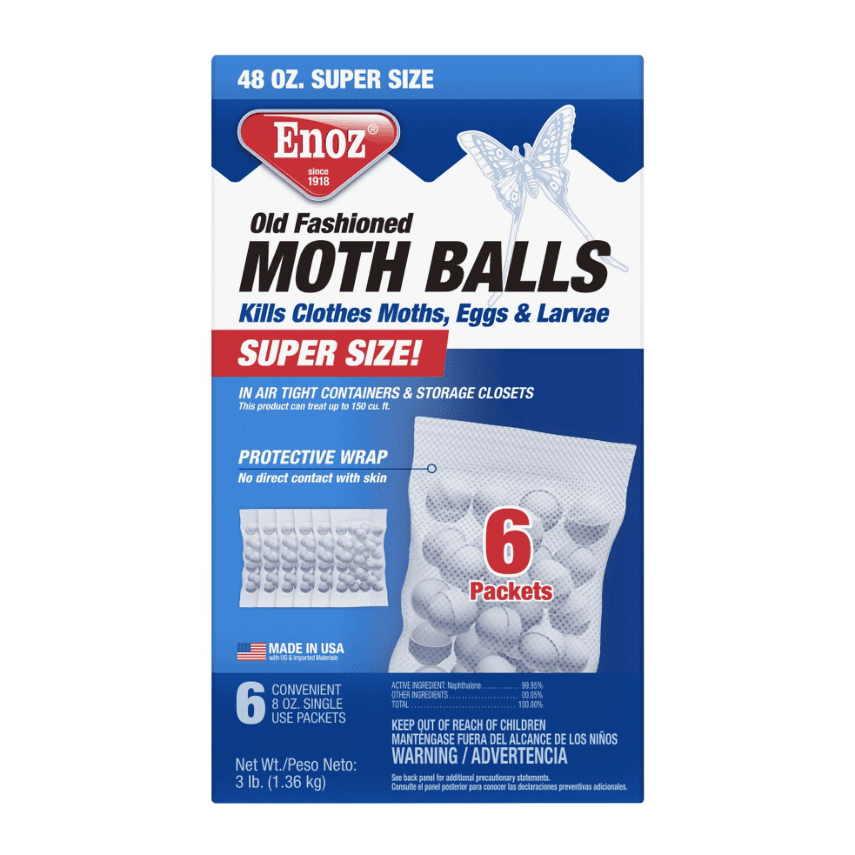Enoz Old Fashioned Moth Balls, Naphthalene Balls, 6 Single-Use Packets, 48 oz, 3 Pack
