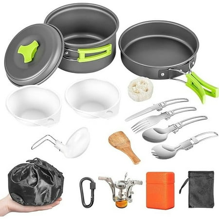 Jowenia 16 Pcs Camping Cookware Set Stove Canister Stand Tripod Outdoor Hiking Picnic Non-Stick Cooking Backpacking with Folding Knife and Fork Set Mess Kit