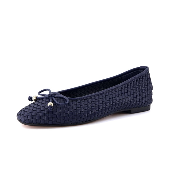 Cushionaire Audrey Woven Ballet Flats for Women | Round Closed Toe Dress Shoes, Bow Accent, Vegan Leather Upper, Comfortable Cushioned Footbed, Office Work Flat