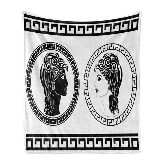 Retro Soft Flannel Fleece Throw Blanket, Roman Aristocrat Woman Profiles Circular Classical Frames Hairstyle Beauty, Cozy Plush for Indoor and Outdoor Use, 70" x 90", Black White, by Ambesonne