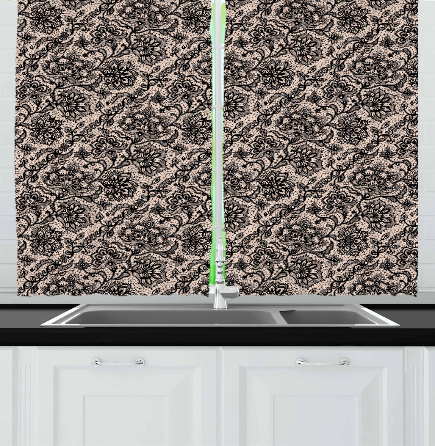 Gothic Curtains 2 Panels Set, Abstract Graphic Lace Pattern with Flowers Butterflies Old Fashioned Nature Inspired, Window Drapes for Living Room Bedroom, 55W X 39L Inches, Tan Black, by Ambesonne