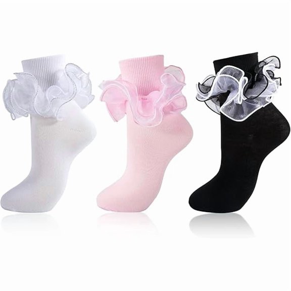 Eryueer Women Big Ruffle Socks Adult 4-Layer Lace Frilly Ankle Socks Fold Cuff Cotton Ruffled Dress Crew Bobby Fancy Sock