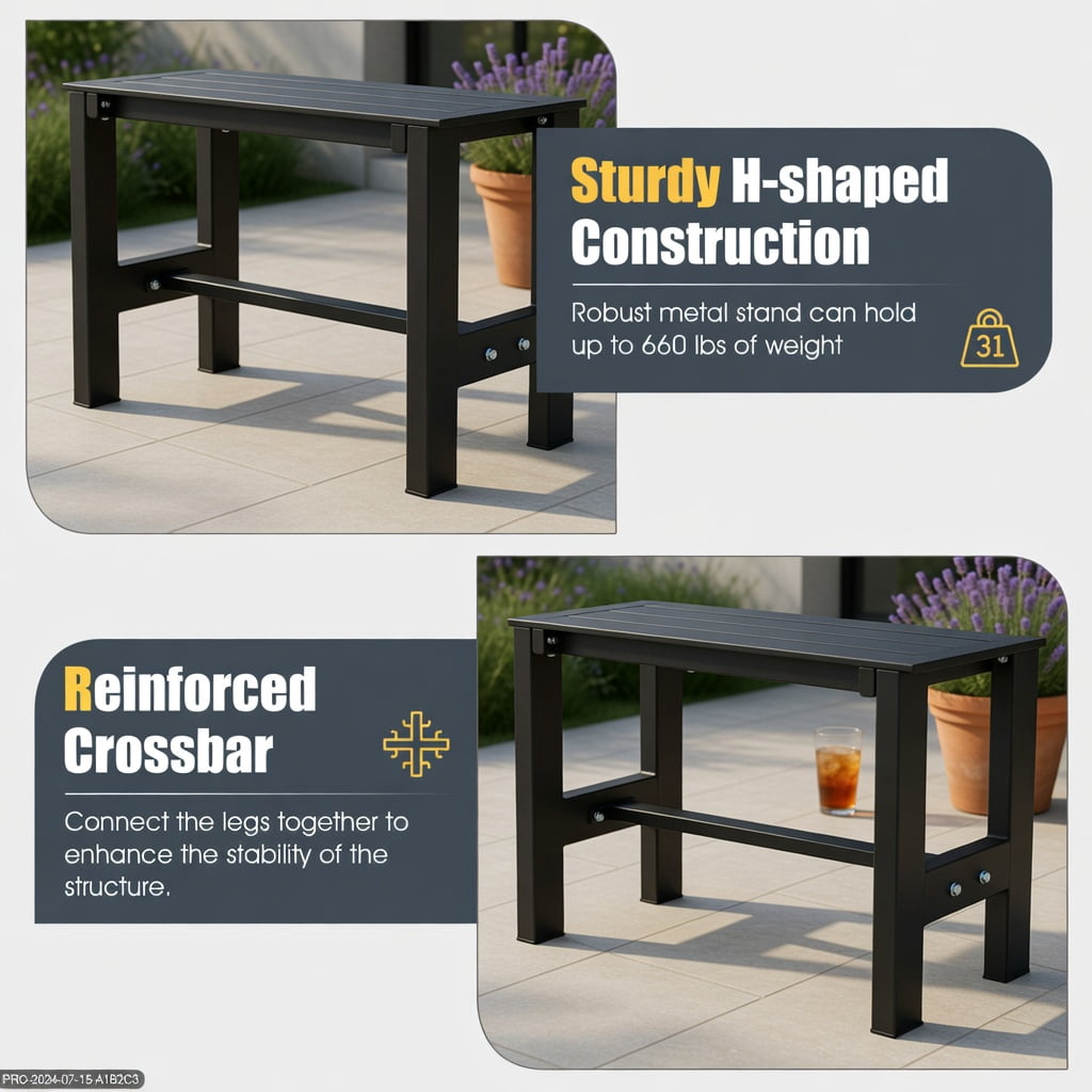 Hommoo 47" Outdoor Patio Bench Chair, Heavy-Duty Slatted Seat, Weather-Resistant HDPE & Powder-Coated Iron Frame, Gray