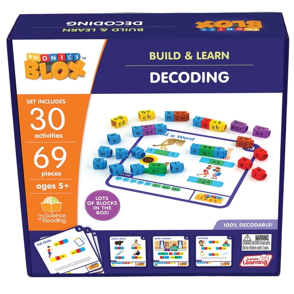 Junior Learning: Rainbow Phonics Blox: Decoding - Phase 3 - Build & Learn, 30 Activity Cards, Color Coded Blocks, Reading Development, Kids Ages 5 