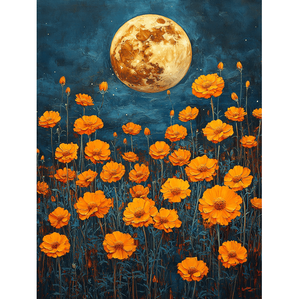 Qisvanset 12x16 Inch 2D Flat Framed Canvas Art, Moonlit Golden Marigold Rustic Botanical Night Home Wall Decor