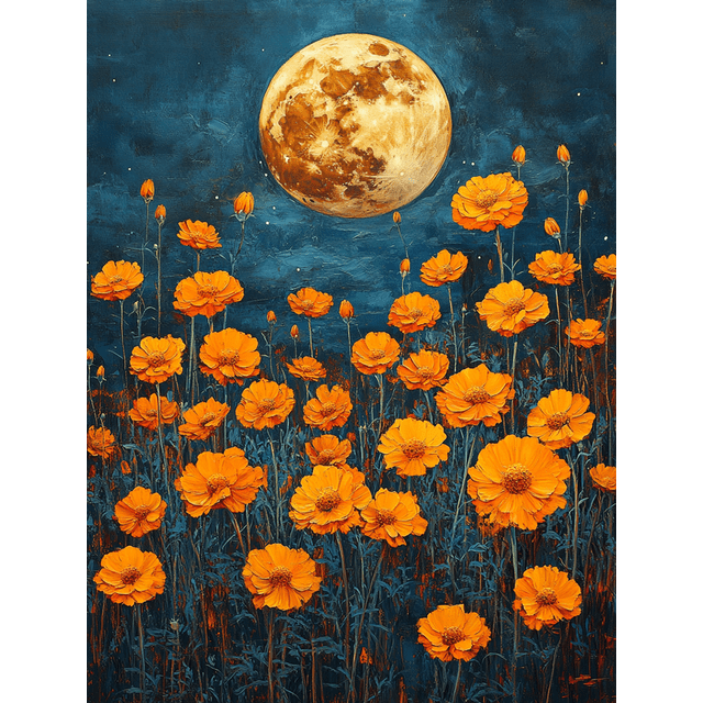 Qisvanset 12x16 Inch 2D Flat Framed Canvas Art, Moonlit Golden Marigold Rustic Botanical Night Home Wall Decor