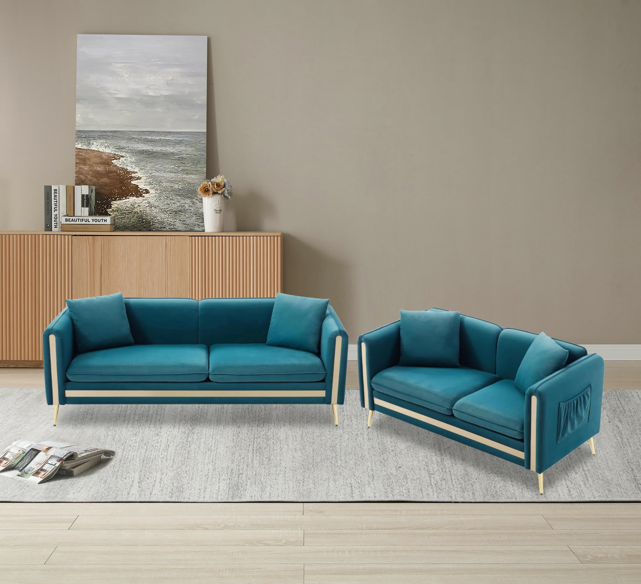 LANTRO JS Modern Upholstered Velvet Sofa and Loveseat Mid Century Tufted Living Room Set Gold