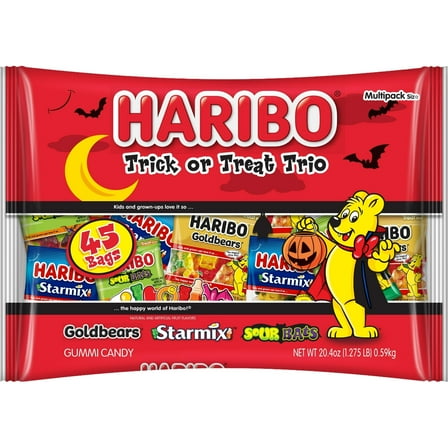 HARIBO Trick or Treat Trio Halloween Assorted Fruit Flavor and Shapes Gummy Candy, 20.4oz Bag, 45ct Mini Gummy Pouches
