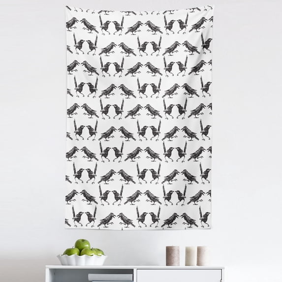 Raven Tapestry, Sketchy Drawn Birds Rambling Nature Wildlife Orderly Repeated Illustration, Fabric Wall Hanging Decor for Bedroom Living Room Dorm, 5 Sizes, White and Dark Grey, by Ambesonne
