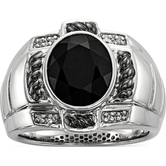 Sterling Silver Ss Rh Plated White Night Diamond & Onyx Oval Black Men's Ring (Size 10) Made In India qr5550-10