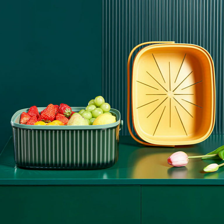 Double Drain Basket Creative Kitchen Plastic Fruit Bowl Drain Water Basket  - Green Complete…