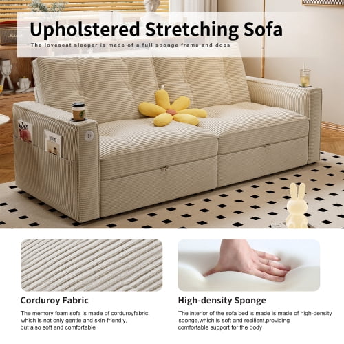 73" 2-in-1 Convertible Sofa Bed, Corduroy Two-Seater Sleeper Sofa with Pull-Out Guest Bed, Steel Frame, for Living Room, Bedroom, Apartment & Dorm, White