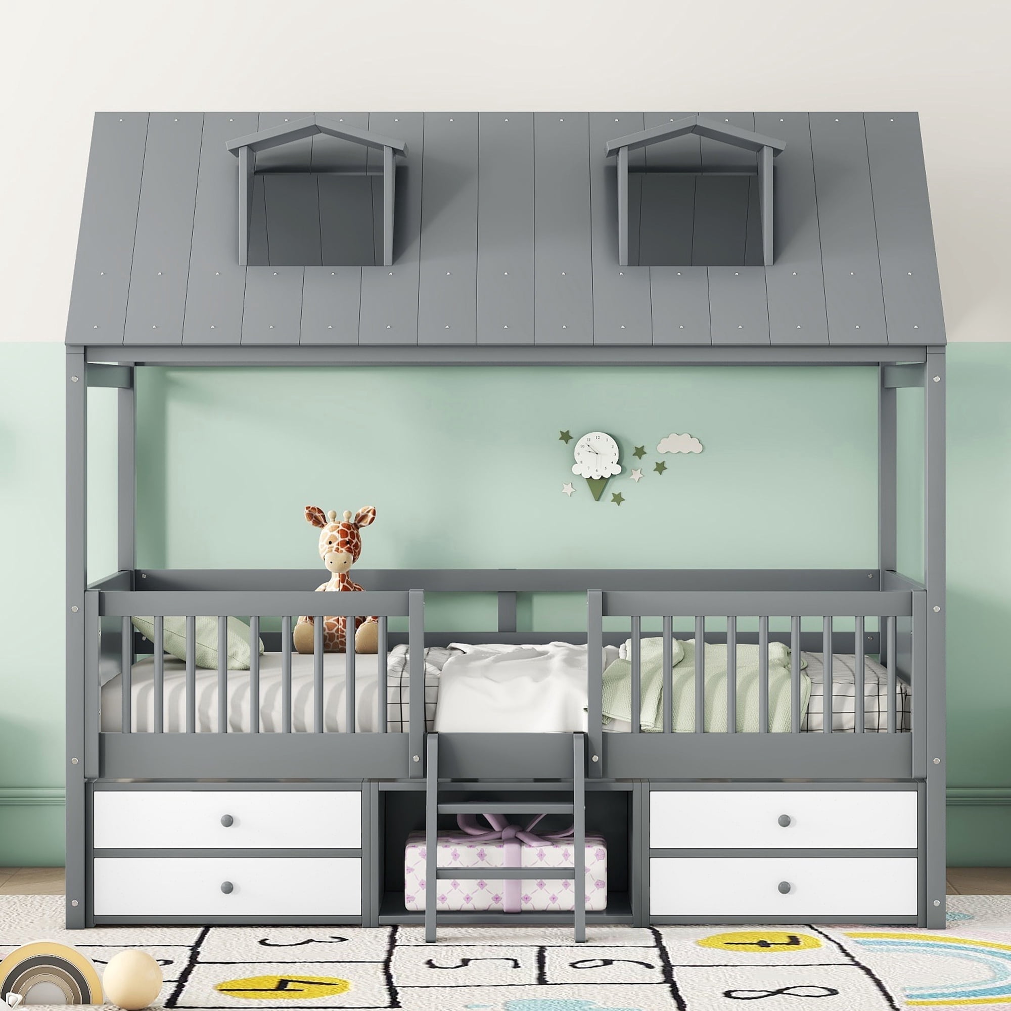 Harper & Bright Designs Twin Size Wood House Bed Frame with Fence and 4 Storage Drawers, Playhouse Tent Bed with Roof and 2-step Ladder for Boys Girls Teens Bedroom, Gray