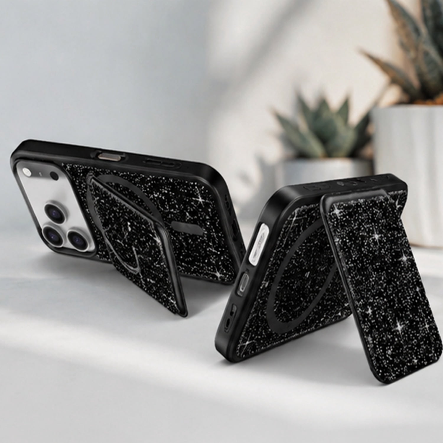 Magnetic Diamond Dual Layer Protection Case with Magnetic Card Slot for iPhone 17 Pro Max - Black