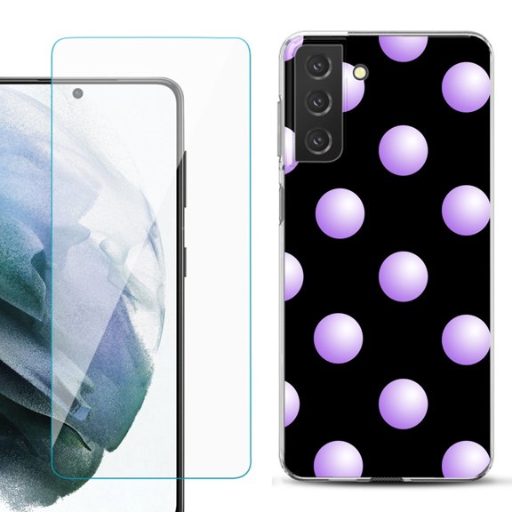 Slim-Fit TPU Fashion Phone Case for Samsung Galaxy S21 FE 5G Fan Edition, with Tempered Glass Screen Protector, by OneToughShield ® - Polka Dot / Purple