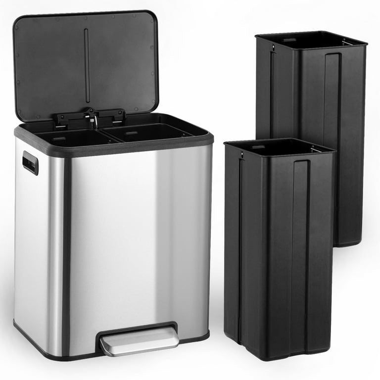 Lazy Buddy 16 Gal Stainless Steel Dual Trash Can, 2 Compartments Garbage Can & Recycling Bin for Kitchen, Home Office, Size: 60L - 16 gal, Silver