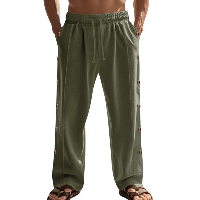 toraway Mens Harem Pants Men's Elastic Side Button Pants Solid Color Breathable Linen Loose Casual Pants S