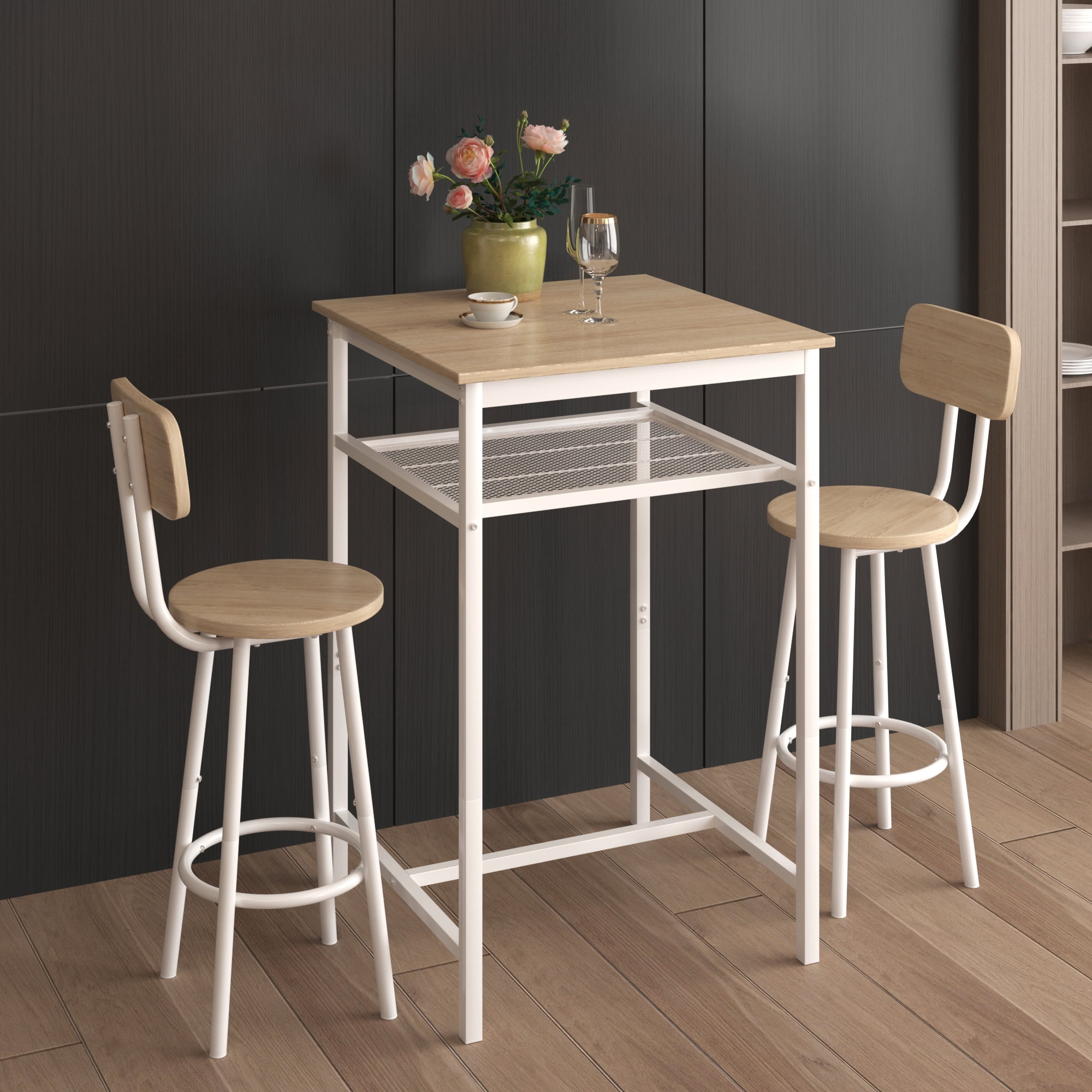 Bar Table Set of 2,Bistro Kitchen Table Sets,Wood Pub Bar Table Set with Storage Rack for Small Space, Apartment,White Oak