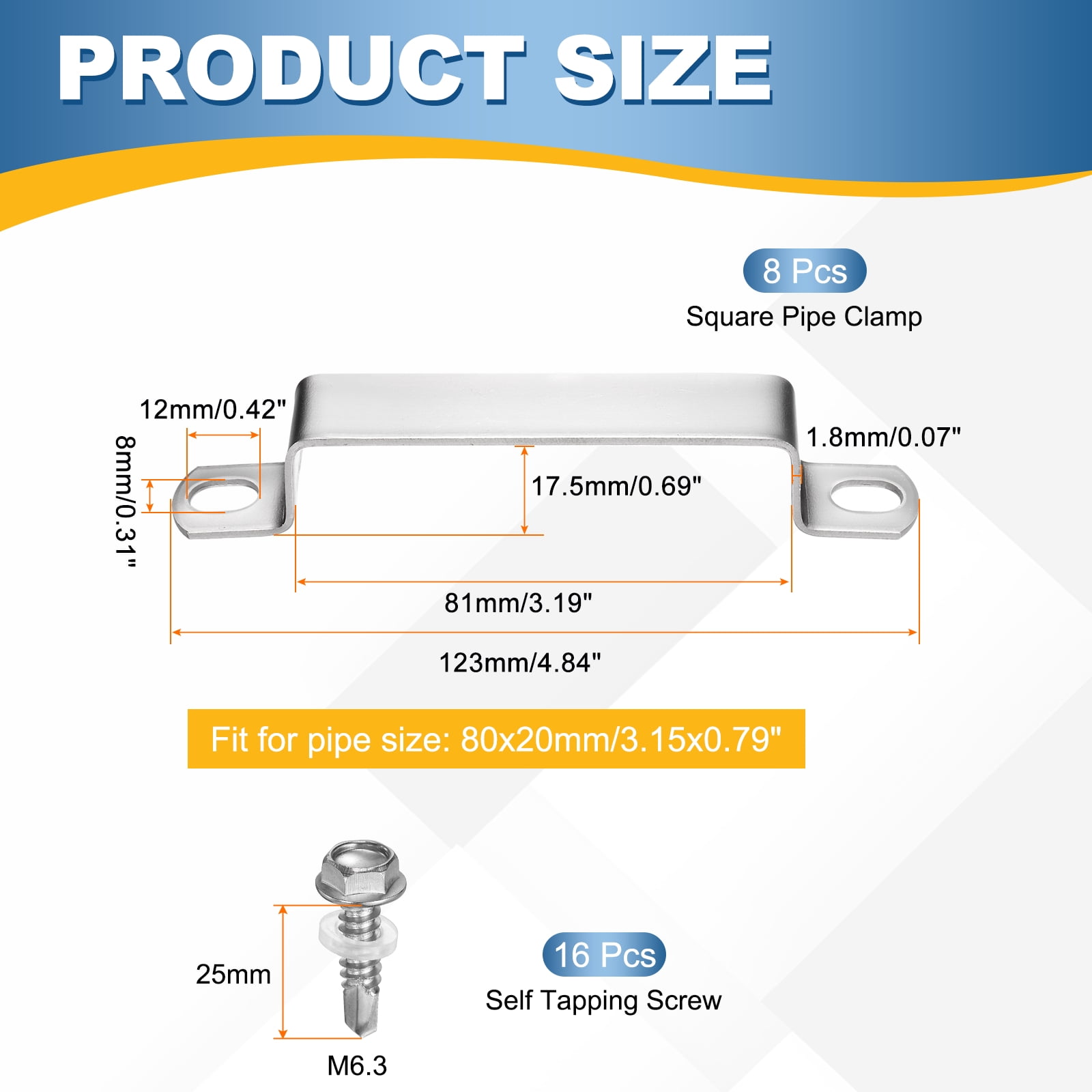 Uxcell 8set U Shaped Connector Bracket 80x20mm 304 Stainless Steel Square Pipe Clamp with Self Tapping Screw Square Tube Buckle for Pipe Hose Cable Automotive Parts, Silver