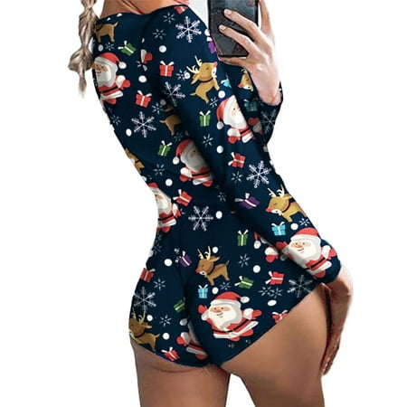 

Sunisery Women Christmas V-Neck Bodysuit Jumpsuits Print Short Onesies Long Sleeve Pajama Romper Overall S/M/L/XL/XXL