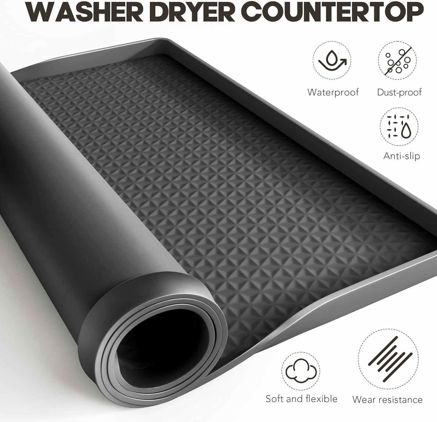 Washer Dryer Countertop, 54" x 27.5" Large Washer and Dryer Covers for The Top, Non-Slip Waterproof Silicone Dryer Top Protector Mat, Washer Dryer Topper for Laundry Room Kitchen Home（Black）
