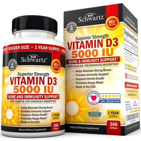Vitamin D3 5,000 IU. Superior Absorption. 360 Tiny Softgels. Gluten Free & Non-GMO Best Vitamin D3 Supplement. Healthy Muscle Function, Bone Health and Immune Support. Made in (Best Supplement For Muscle Size)