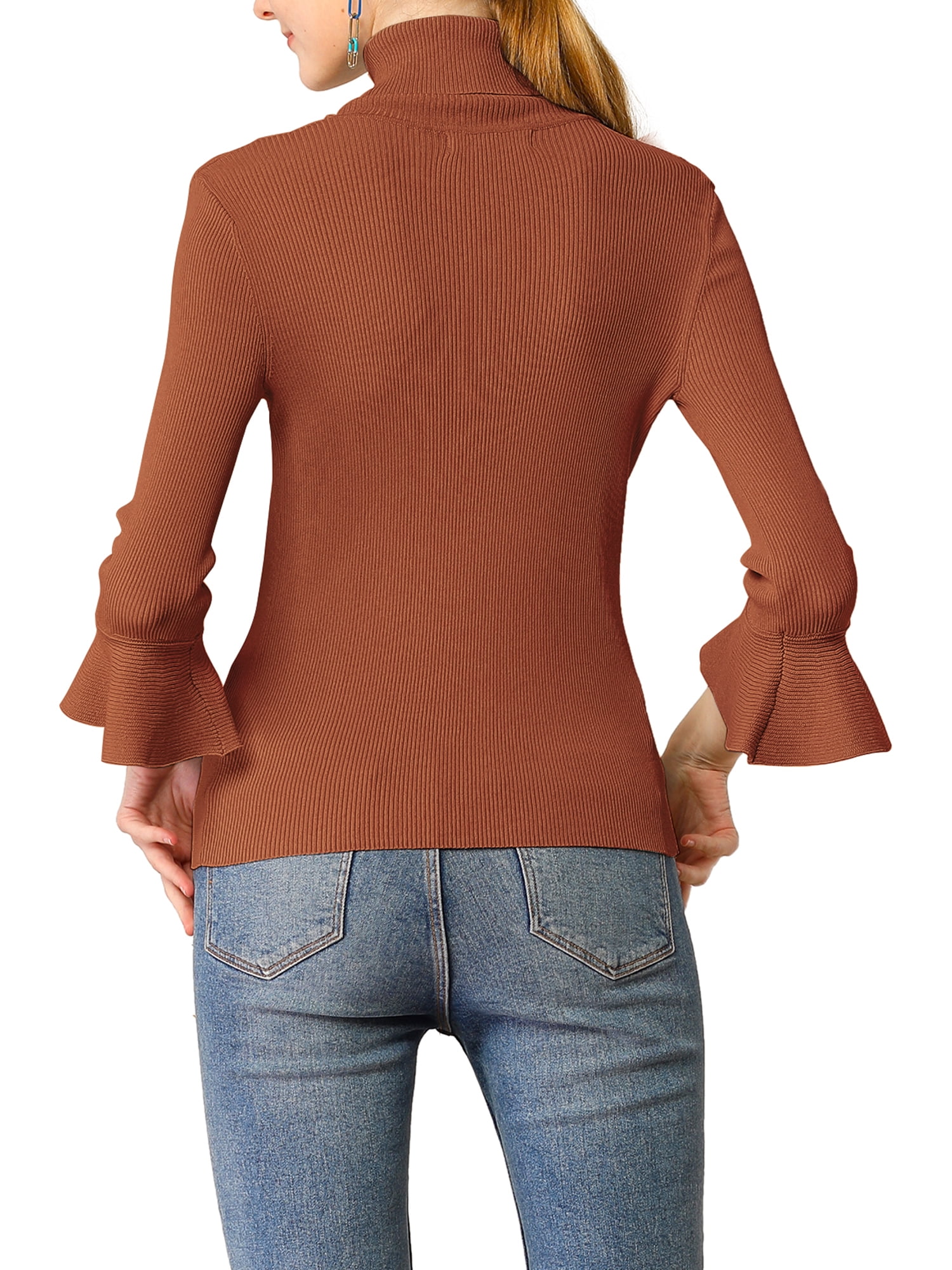 DARING DIVA Women's Ruffle Sleeves Pullover Knit Turtleneck Sweater XS Caramel