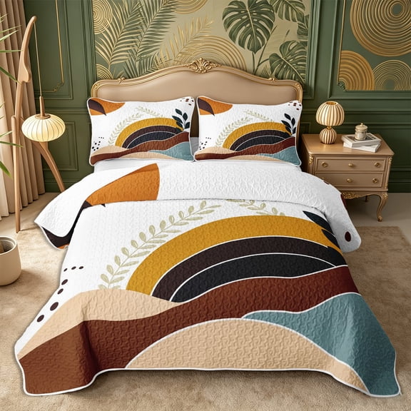 Castle Fairy Mid Century Layered Hill Twin Quilt Set 2 Pieces,Abstract Leaf Silhouette Twin Coverlet Set,Ochre Teal Brown,1 Bedspread and 1 Pillowcase