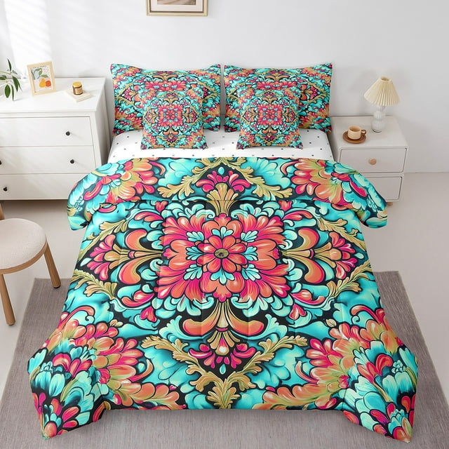 Erosebridal Hippie Mandala Bedding Queen Size, Boho Flower Comforter Sets with Sheets, Reversible, 7-Piece
