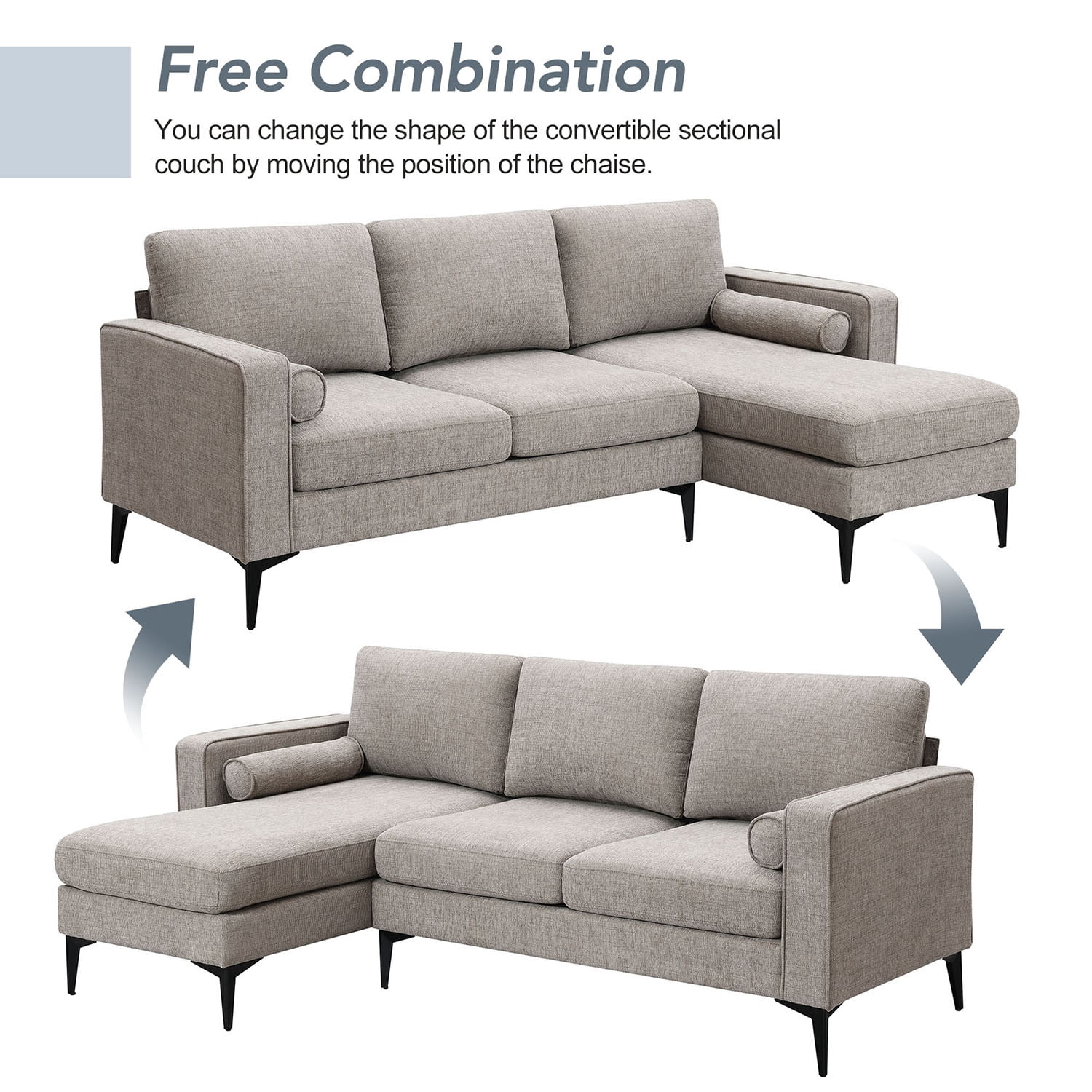 Kadyn 86" Convertible Sectional Sofa, Modern Chenille Fabric Sofa with Reversible Chaise and 2 Pillows, L-Shaped 3-Seat Sofa for Apartment, Camel