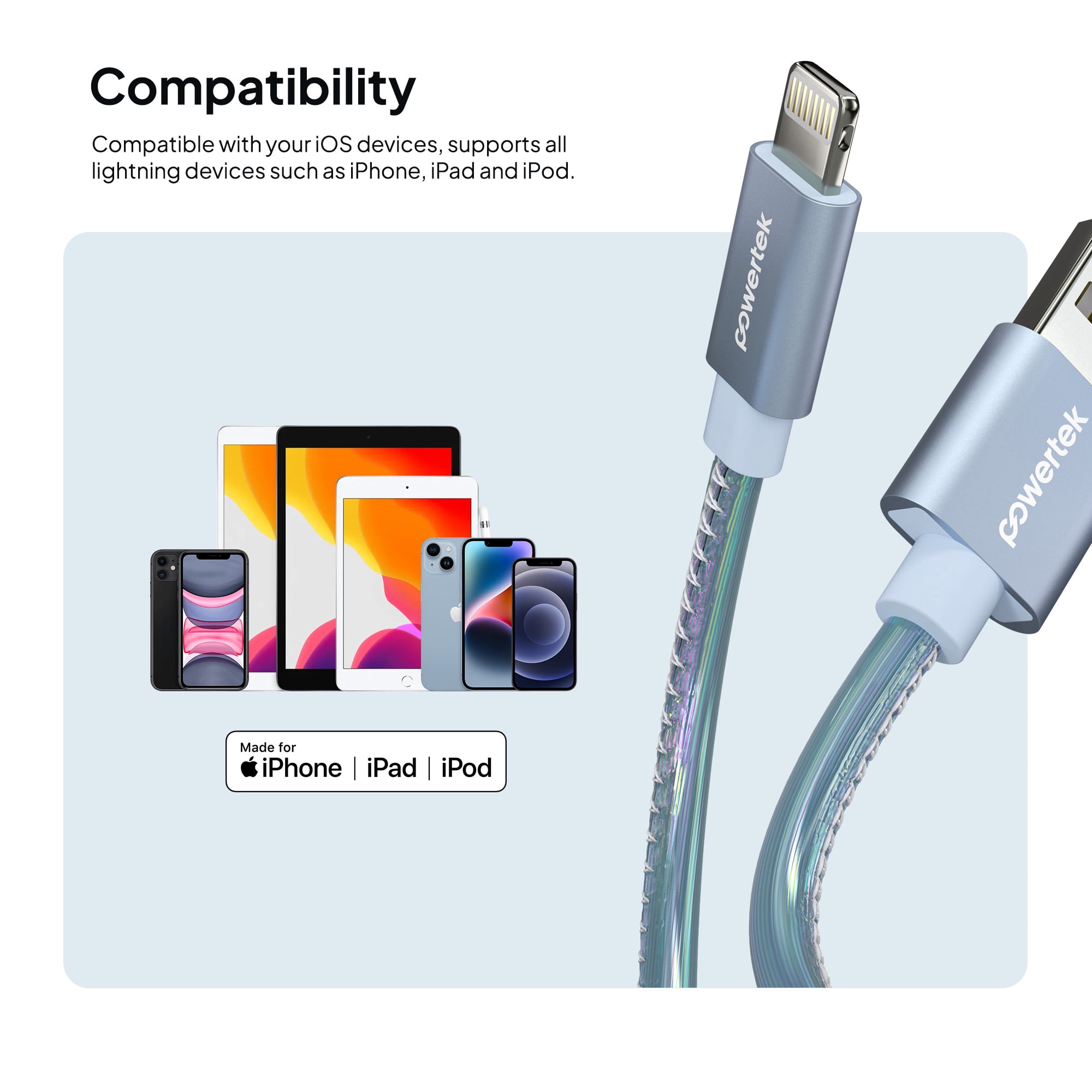 Powertek MFi Certified USB-A to Lightning Metallic Shine Pastel Charging Cable, 6 ft, Blue