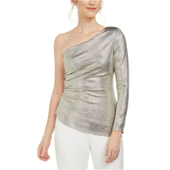 Adrianna Papell Womens Shiny One Shoulder Blouse, Metallic, 16