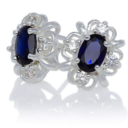 Created Blue Sapphire Oval Stud with White Topaz Swirl Earrings