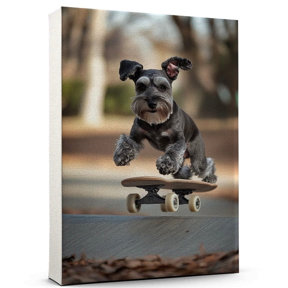 Standard Schnauzer Dog Playing Skateboarding Stretched Canvas Size 8x12 – Sports Dog, Perfect for Animal Lovers, Standard Schnauzer Dog Canvas, Skateboarding Canvas Size Wall Art